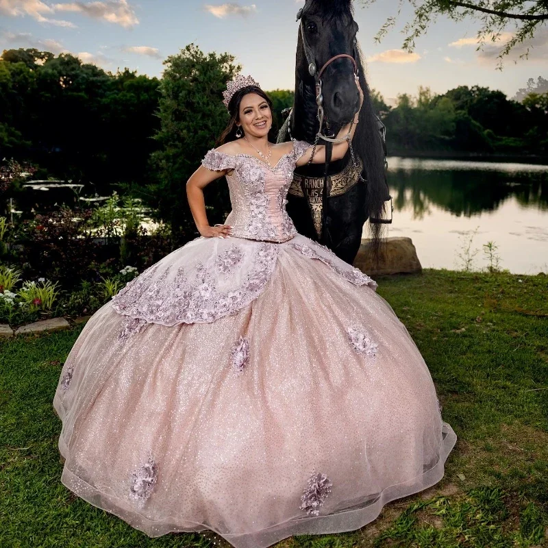 Pink Sweetheart Shiny Off the Shoulder Ball Gown Beaded Quinceanera Dress Princess Corset Dresses Appliques Flower Beads Vestido Winter unclassified dresses
