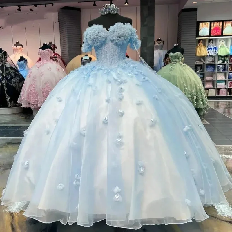 Princess Blue Quinceanera Dress Ball Gown Flowers Appliques Beading Corset Sweet 16 Dress Vestido De 15 Años Sexy unclassified dresses