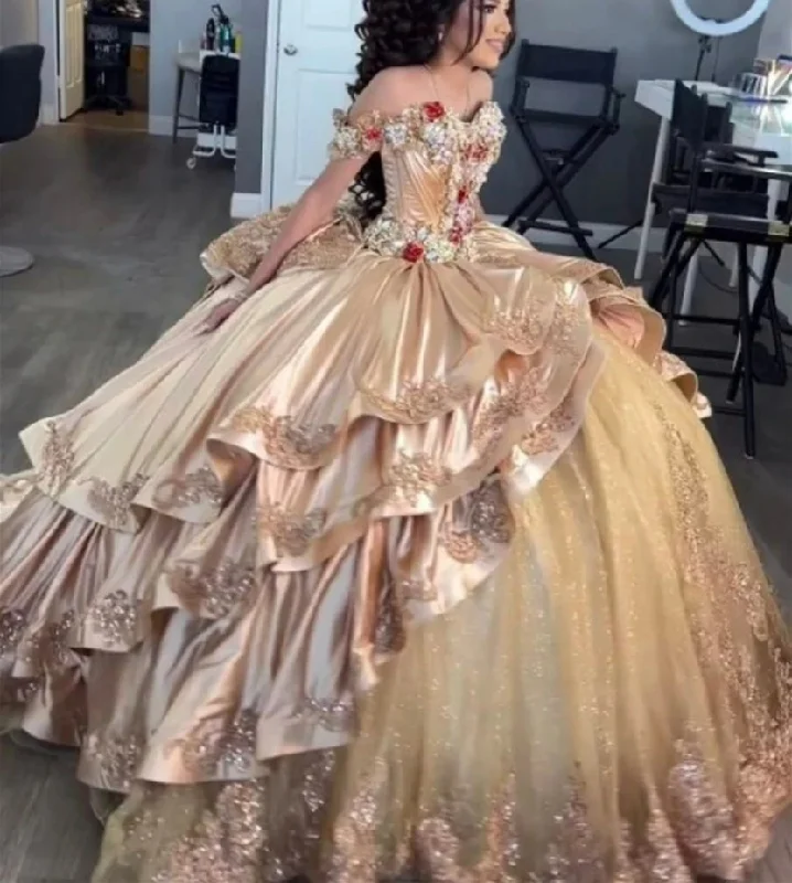 Princess Mexico 2024 Champagne Gold Quinceanera Dresses Off The Shoulder Satin Ruffels Ball Gown Sweet 16 Dresses vestidos Affordable unclassified dresses