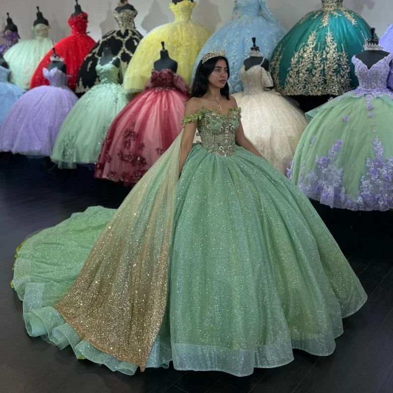 Princess Sage Green Puffy Quinceanera Dresses Applique Beads With Cape Corset Sweet 16 Dress Vestidos De 15 Anos 15th Birthday Bodycon unclassified dresses
