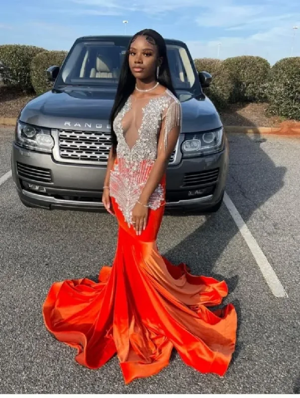 Red African American Prom Dresses Mermaid Sheer Velvet Beaded Crystals Black Girls Nigeria Robe De Soiree Evening Dress Gown Winter unclassified dresses