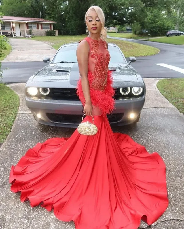 Red African Sparkly Trumpet Evening Pageant Dresses for Women Luxury Diamond Feather Black Girl Prom Celebrity Gown Party unclassified dresses