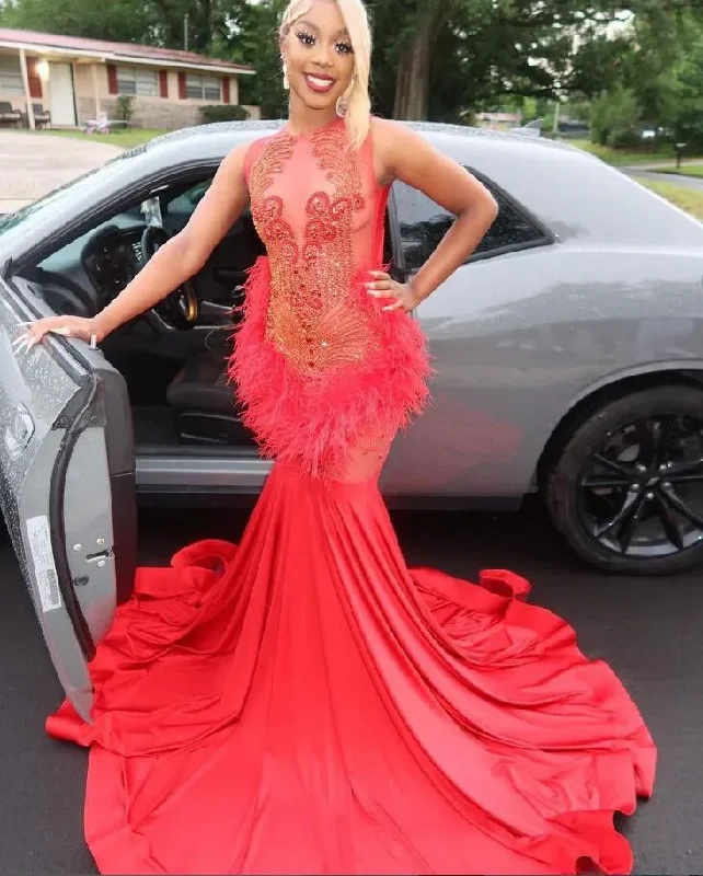 Red African Sparkly Trumpet Evening Pageant Dresses for Women Luxury Diamond Feather Black Girl Prom Celebrity Gown Wedding guest unclassified dresses