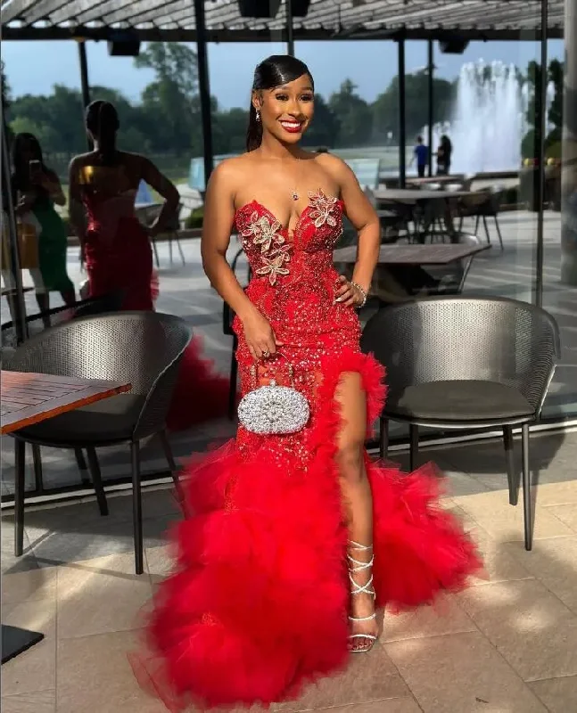 Red Luxury African Mermaid Prom Recaption Dress for Women Sweetheart Sexy Slit Black Girl Graduation Evening Gown 2024 Discounted unclassified dresses