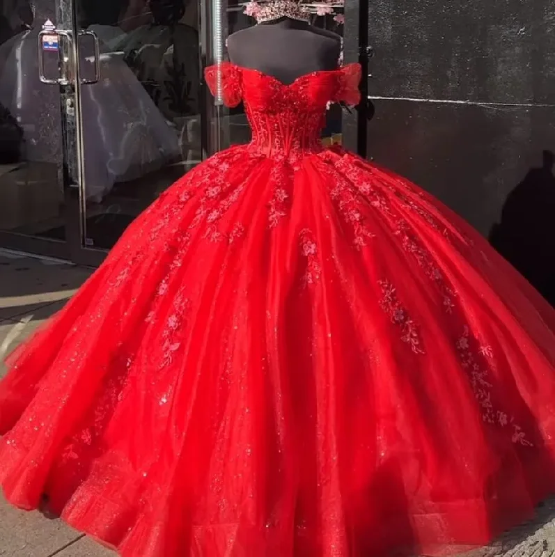 Red Princess Quinceanera Dresses Off Shoudler Sparkly Applique Corset vestido de festa 15 anos 2024 Comfortable unclassified dresses