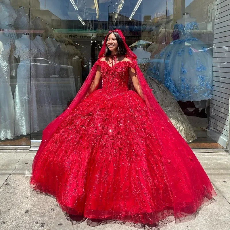 Red Quinceanera Dresses 2024 Ball Gown Sweet 16 Dress With Cape Applique 3DFlower Pageant vestido de 15 anos quinceañera Plus size unclassified dresses