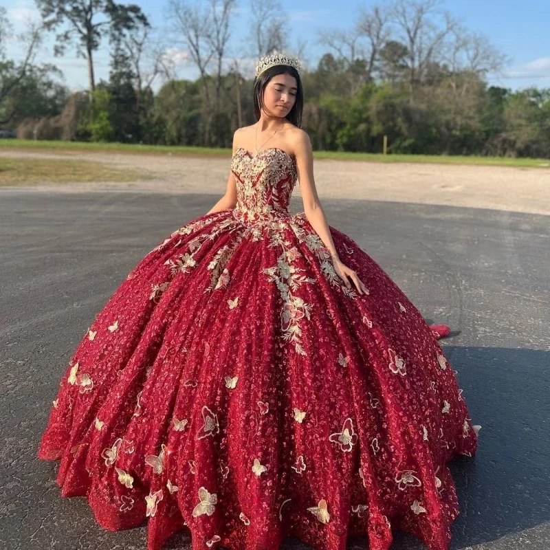 Red Sweetheart Ball Gown Quinceanera Dresses Gold Applique Bow Crystal Beading Off the Shoulder Ribbons Corset Vestido De 15Anos Mesh unclassified dresses