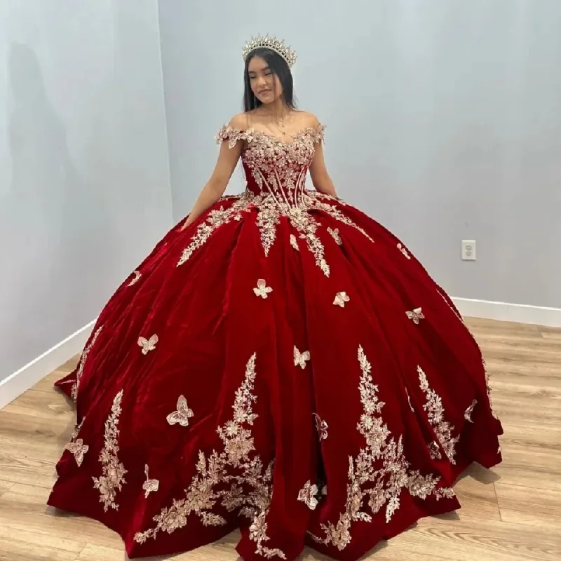 Romantic Sweetheart Neck Quinceanera Dresses Sparkly 3D Flower Ball Gown Burgundy Sweet 16 Year Princess Dress vestidos de anos Casual chic unclassified dresses