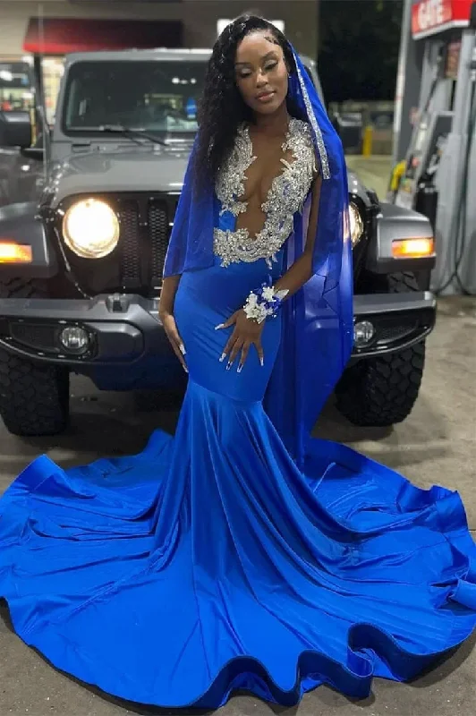 Royal Blue V-Neck Beading Mermaid Black Girl Evening Dress Chiffon unclassified dresses