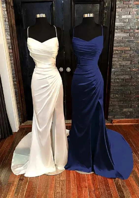 Sheath/Column V Neck Spaghetti Straps Sweep Train Satin Prom Dress With Pleated Split Formal Evening Gowns Backless Women's unclassified dresses Sheath/Column V Neck Spaghetti Straps Sweep Train Satin Prom Dress With Pleated Split Formal Evening Gowns Backless Women's unclassified dresses
