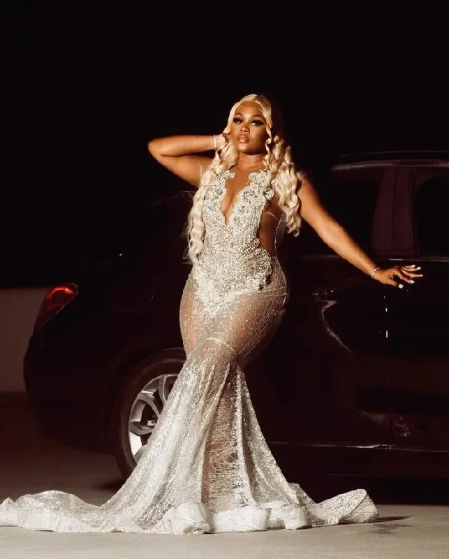 Silver Diamond Mermaid Prom Ceremony Dresses for Women Sparkly Crystal Gillter Black Girl Birthday Evening Gala Gown A-line unclassified dresses