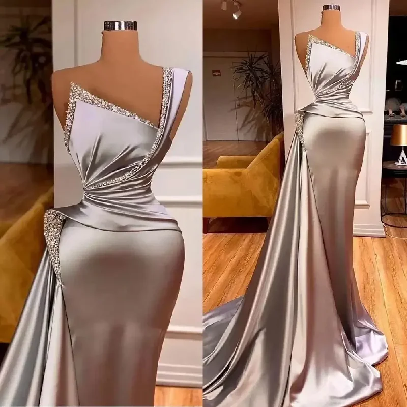 Silver Evening Dresses with Crystal Satin One Shoulder Mermaid Prom Dress for Elegant Women Ruffles Formal Robe De Soiree 2024 Long sleeve unclassified dresses