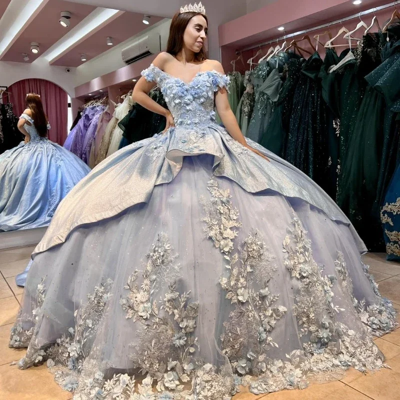 Sky Blue Off The Shoulder Quinceanera Dress Ball Gown 3D Flowers Applique Beads Crystal Tull Sweet 16 Vestidos De XV 15 Anos Long unclassified dresses Sky Blue Off The Shoulder Quinceanera Dress Ball Gown 3D Flowers Applique Beads Crystal Tull Sweet 16 Vestidos De XV 15 Anos Long unclassified dresses
