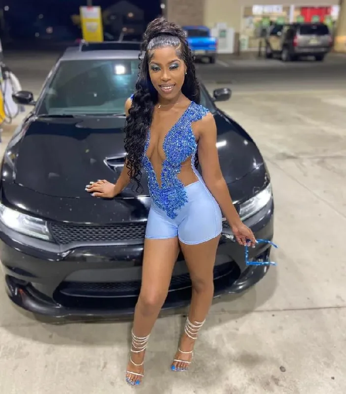 Sky Blue Romper Prom Homecoming Dress for Black Girl Sparkly Crystal Sheer Mesh Birthday Graduation gown vestidos para mujer Minimalist unclassified dresses