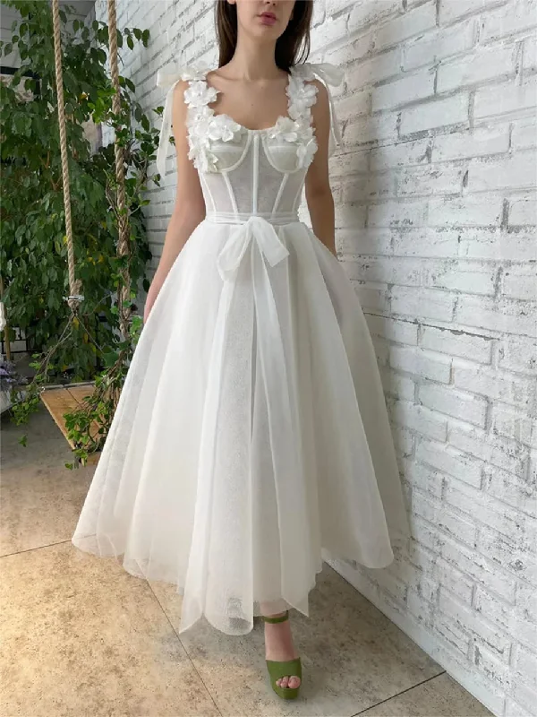 Spaghetti Straps 3D Flower Strapless Homecoming Dress With Teens Sleeveless Backless Formal Evening A-line Tea-length Ball Gowns Beach unclassified dresses
