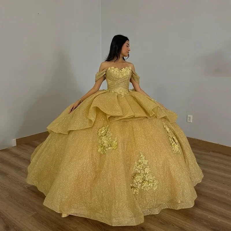 Sparkly Champagne Princess Quinceanera Dresses Off Shoulder Pearls Ball Gown Glitter Appliques Crystals Beads Sweet 15th Dress Beach unclassified dresses