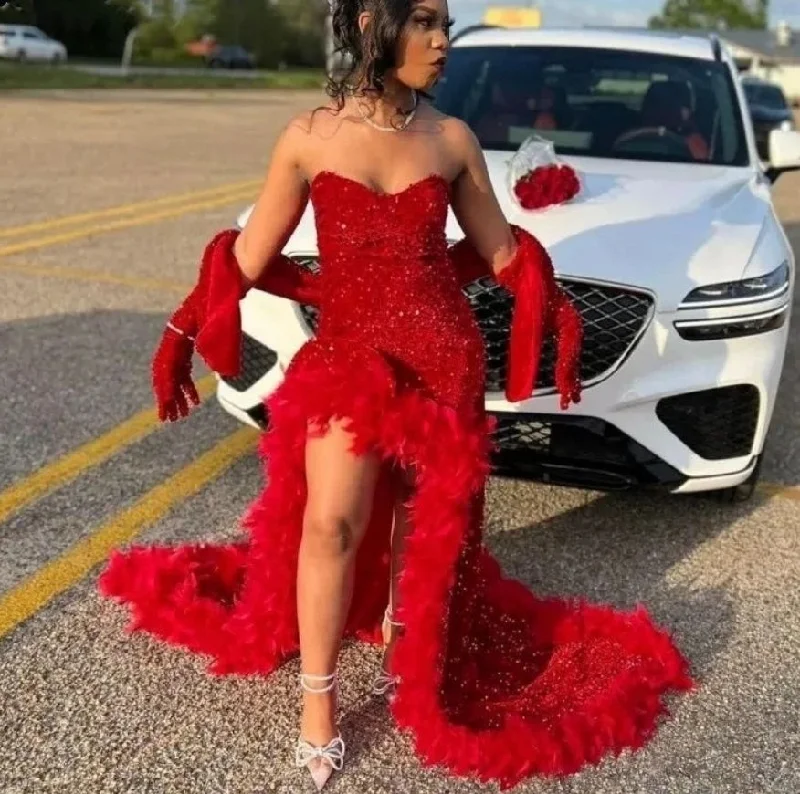 Sparkly Red Mermaid Prom Dress For Black Girl 2024 Sweetheart High Split With Wrap Evening Gowns Robe De Soiree Long unclassified dresses