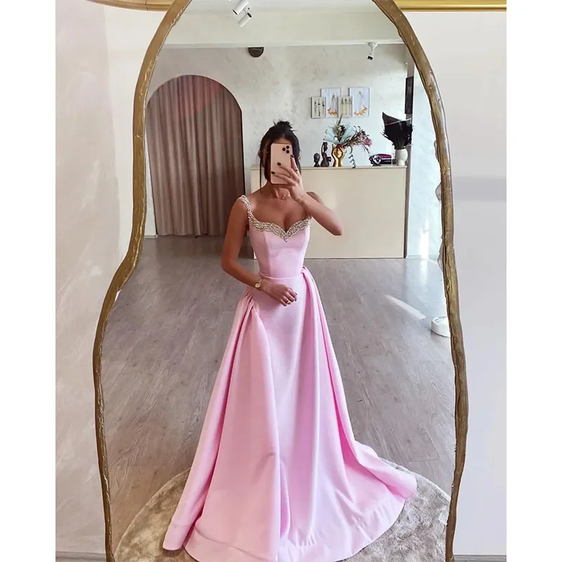 Stunning Pink A Line Prom Dress Beaded Straps Formal Evening Dresses Elegant Sweep Train Dresses for Special Occasions Stylish unclassified dresses