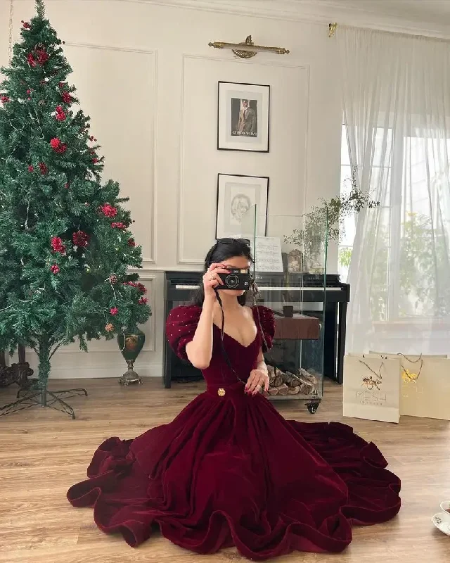 Vintage A line Velvet Burgundy Prom Dresses Date night unclassified dresses